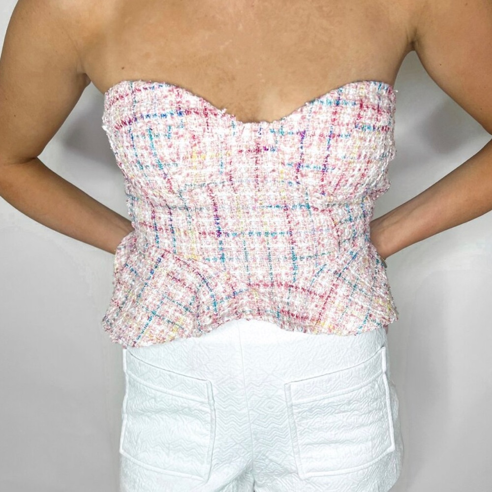 NEVER WORN BLUE BLUSH PEPLUM TWEED TOP